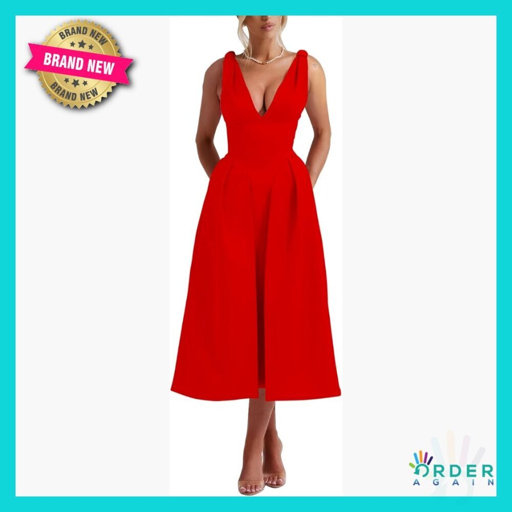Sleeveless Deep V Neck A-Line Swing Maxi Dress Retro Vintage Cocktail Party
